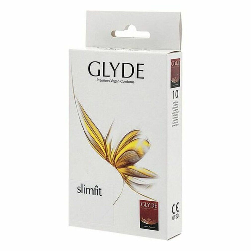 Confezione di preservativi. Scritta: GLYDE, Slimfit, 10 pezzi. Sigillo vegano. Decorazione floreale.