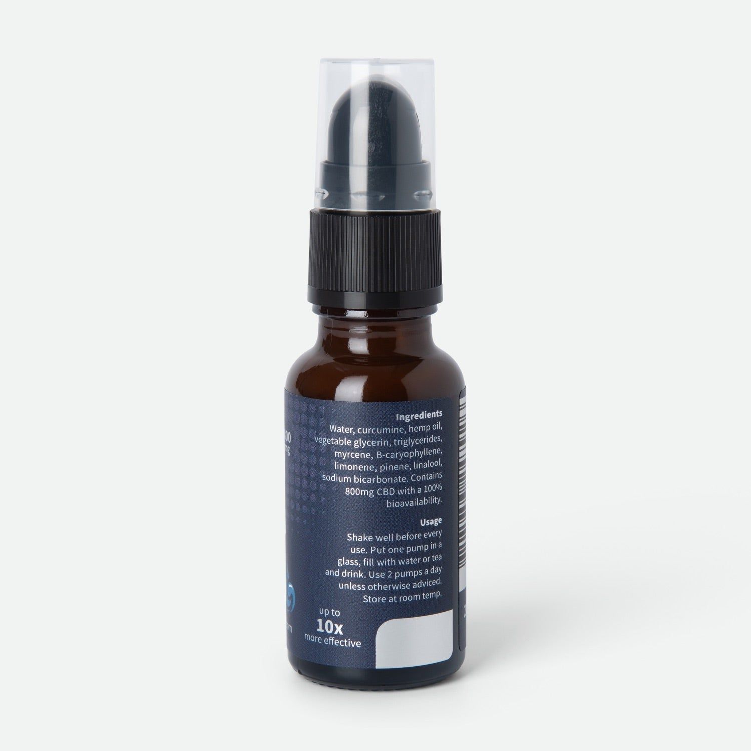 Flacone di vetro marrone con dosatore nero. Retro con ingredienti e istruzioni per l'uso.