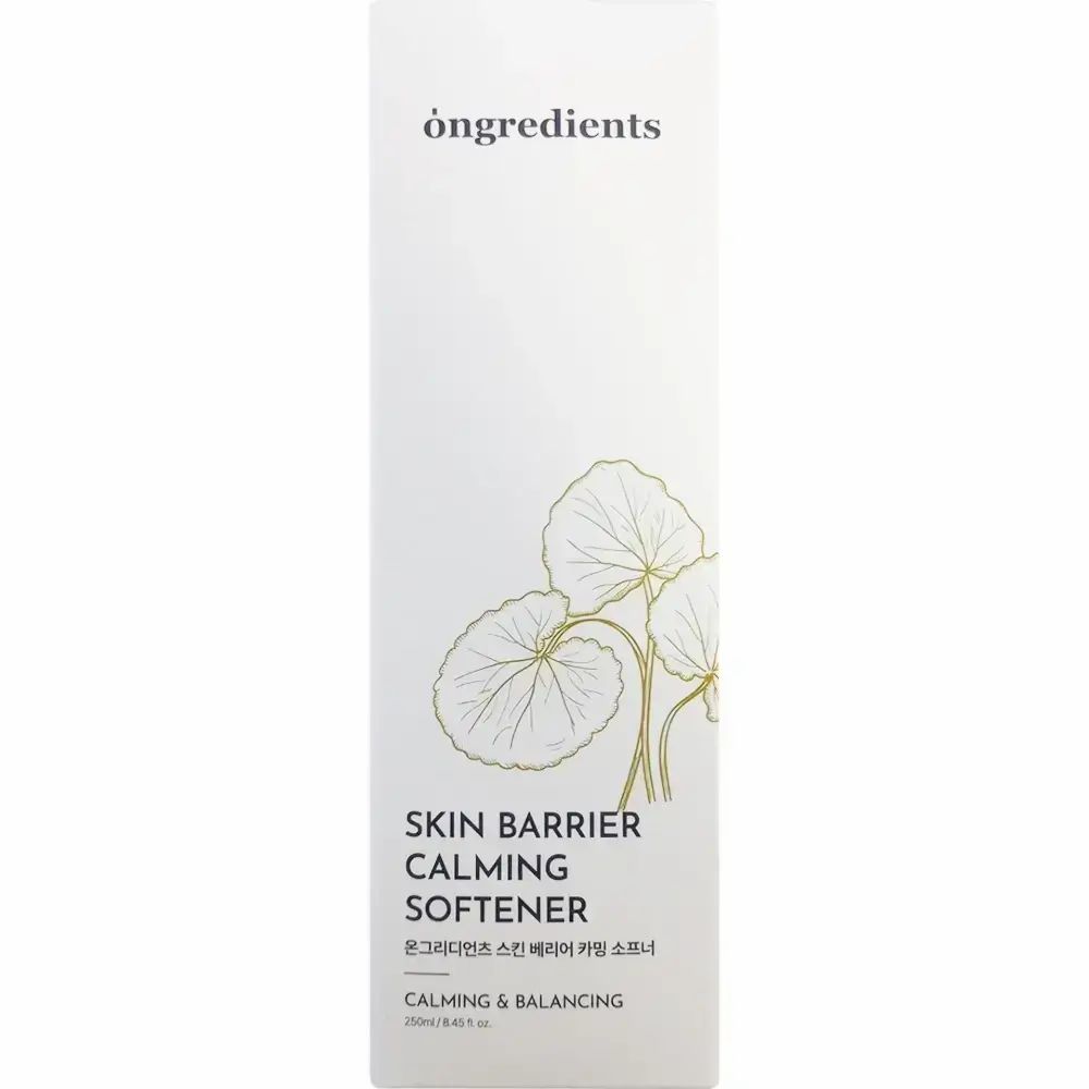 Confezione bianca con "ongredients" e "SKIN BARRIER CALMING SOFTENER". Illustrazione di foglie.