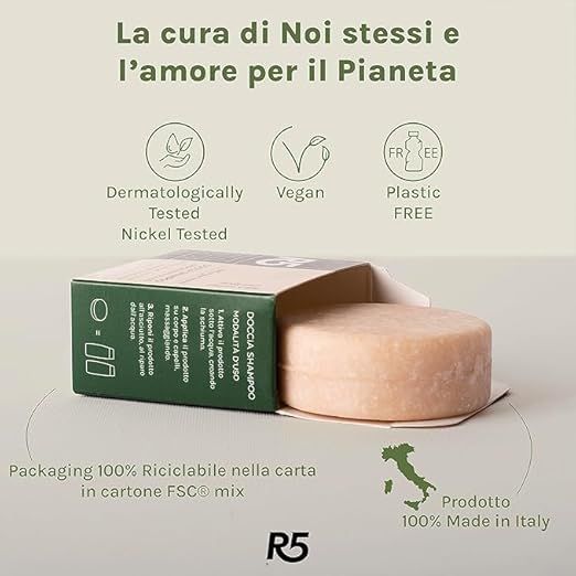 R5 Docciaschiuma Solido rotondo, in confezione aperta. Confezione con testo e loghi. Vegano, dermatologicamente testato, senza plastica.