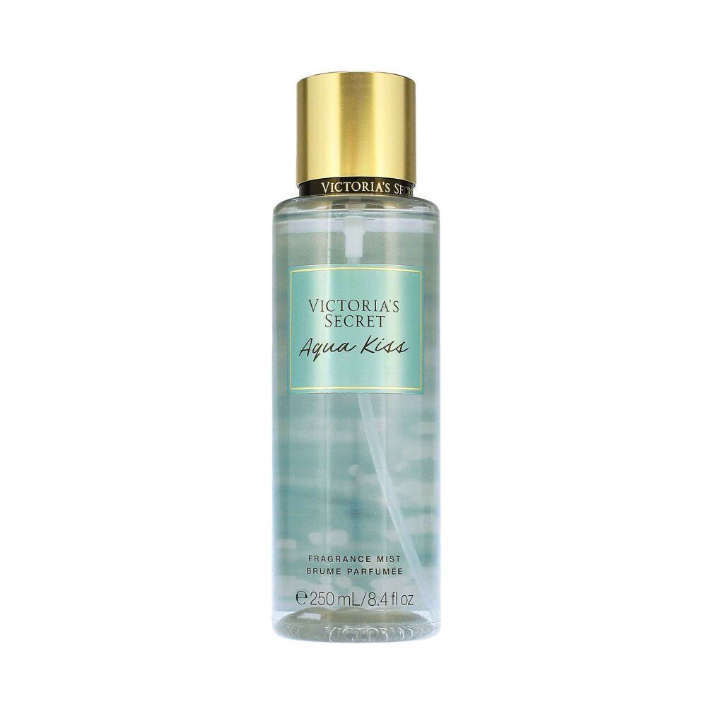 Flacone con tappo dorato. Scritta "Victoria's Secret Aqua Kiss". Sfondo turchese. "Fragrance Mist" e indicazione del volume.