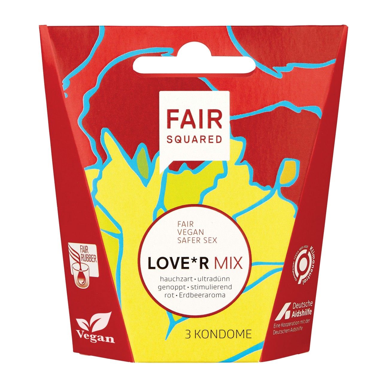 Confezione di preservativi Fair Squared Love*r Mix, 3 pezzi. Design rosso con elementi gialli e blu.