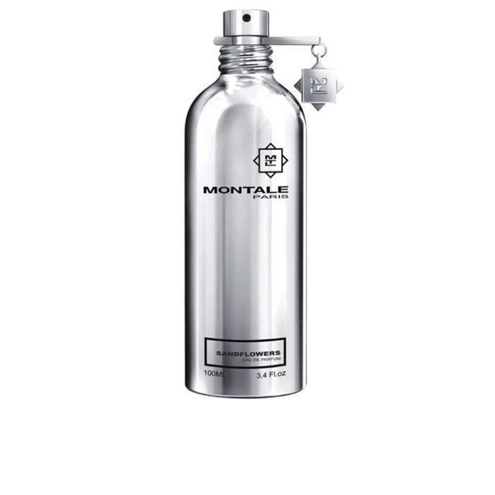 Flacone argento con vaporizzatore e ciondolo. Scritta: Montale Paris, Sandflowers Eau de Parfum. 100ml, 3.4 Fl. Oz.