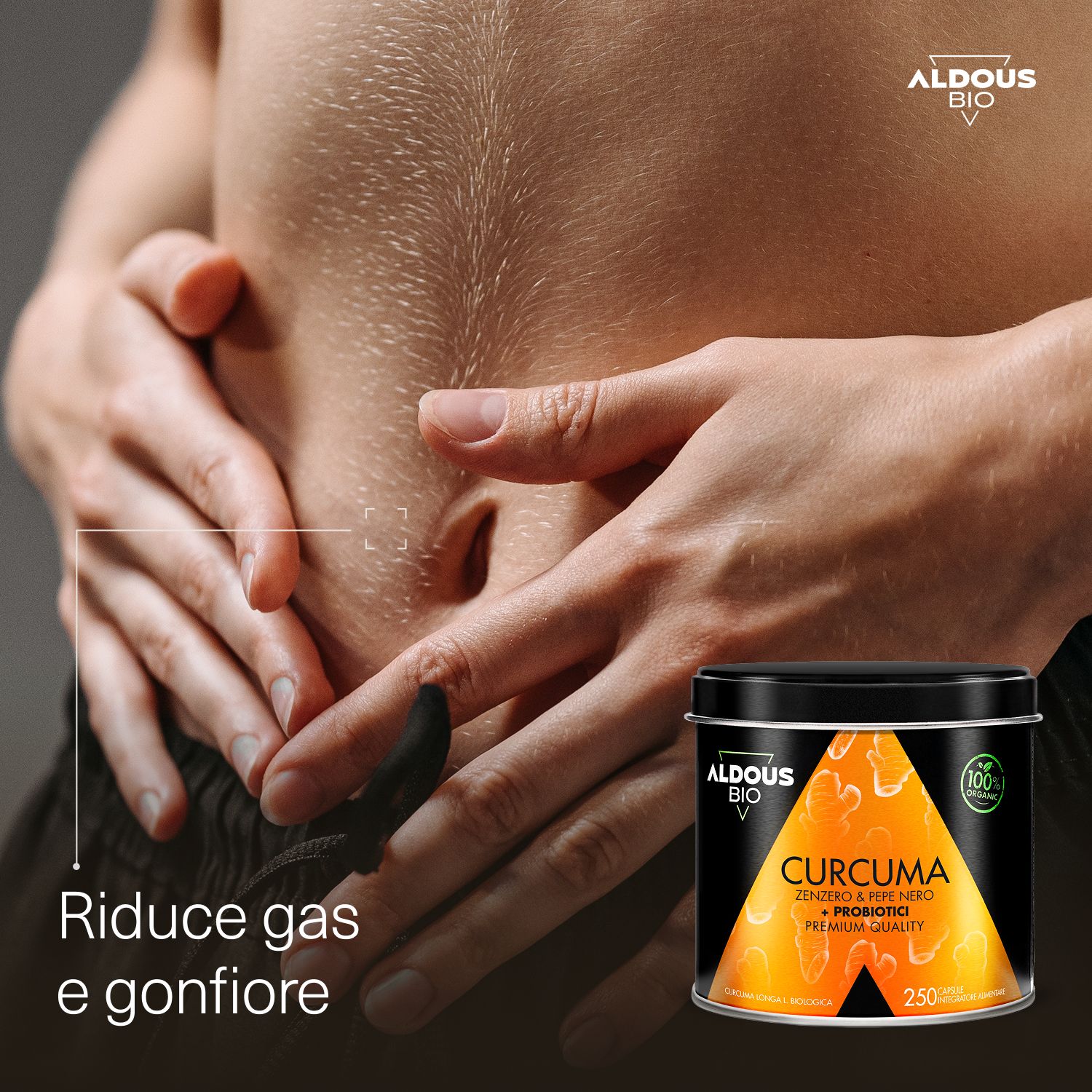 Aldous Curcuma: Zona addominale con testo 'Riduce gas e gonfiore'.