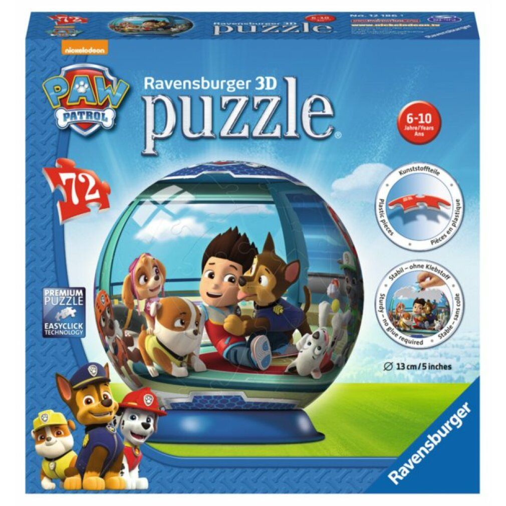 Puzzle 3D Ravensburger Paw Patrol in confezione. Forma sferica con motivi Paw Patrol. 72 pezzi. Età consigliata: 6-10 anni. Logo Nickelodeon.
