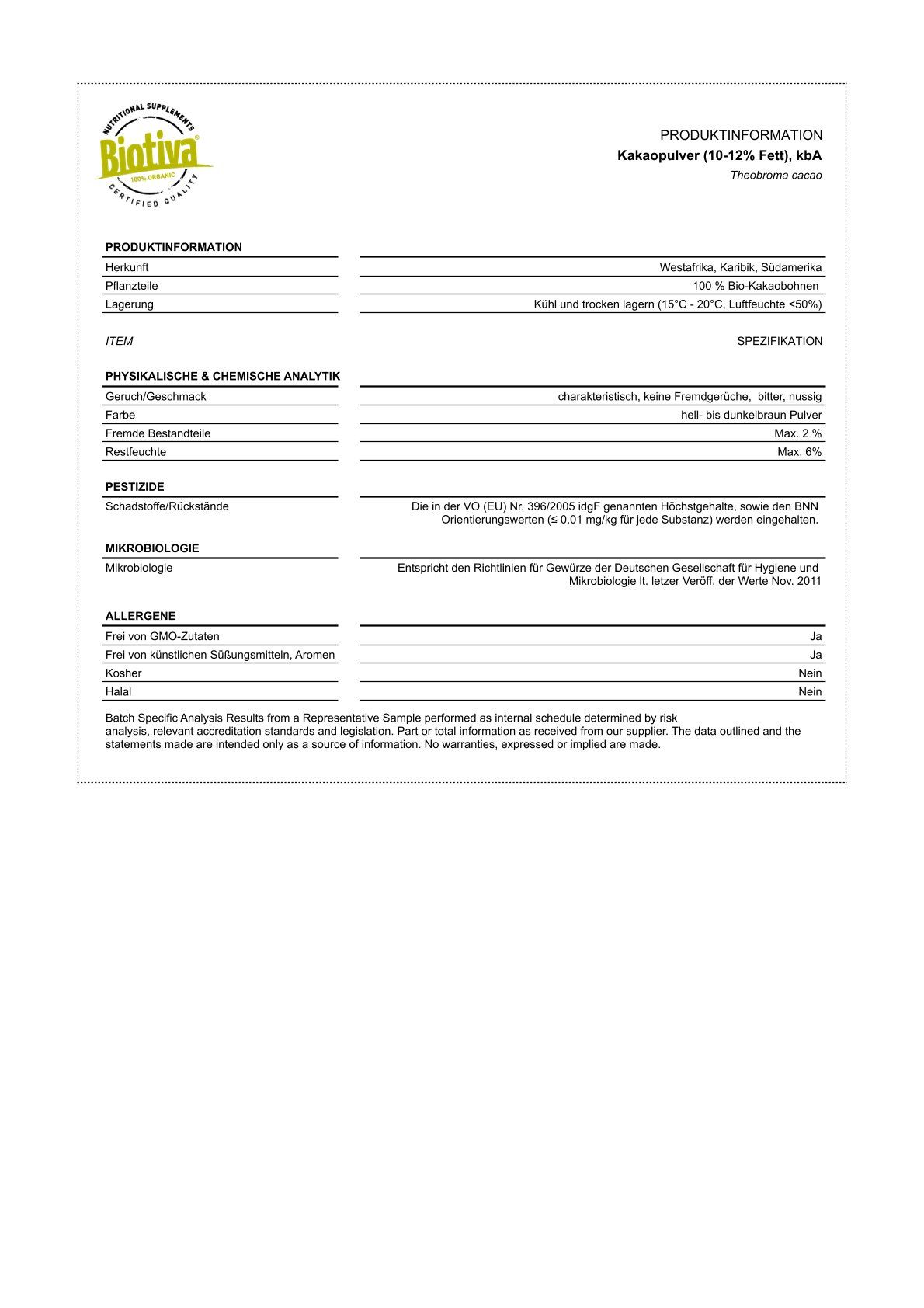 Scheda informativa del prodotto della polvere di cacao Biotiva. Contiene informazioni su ingredienti, analisi e pesticidi.