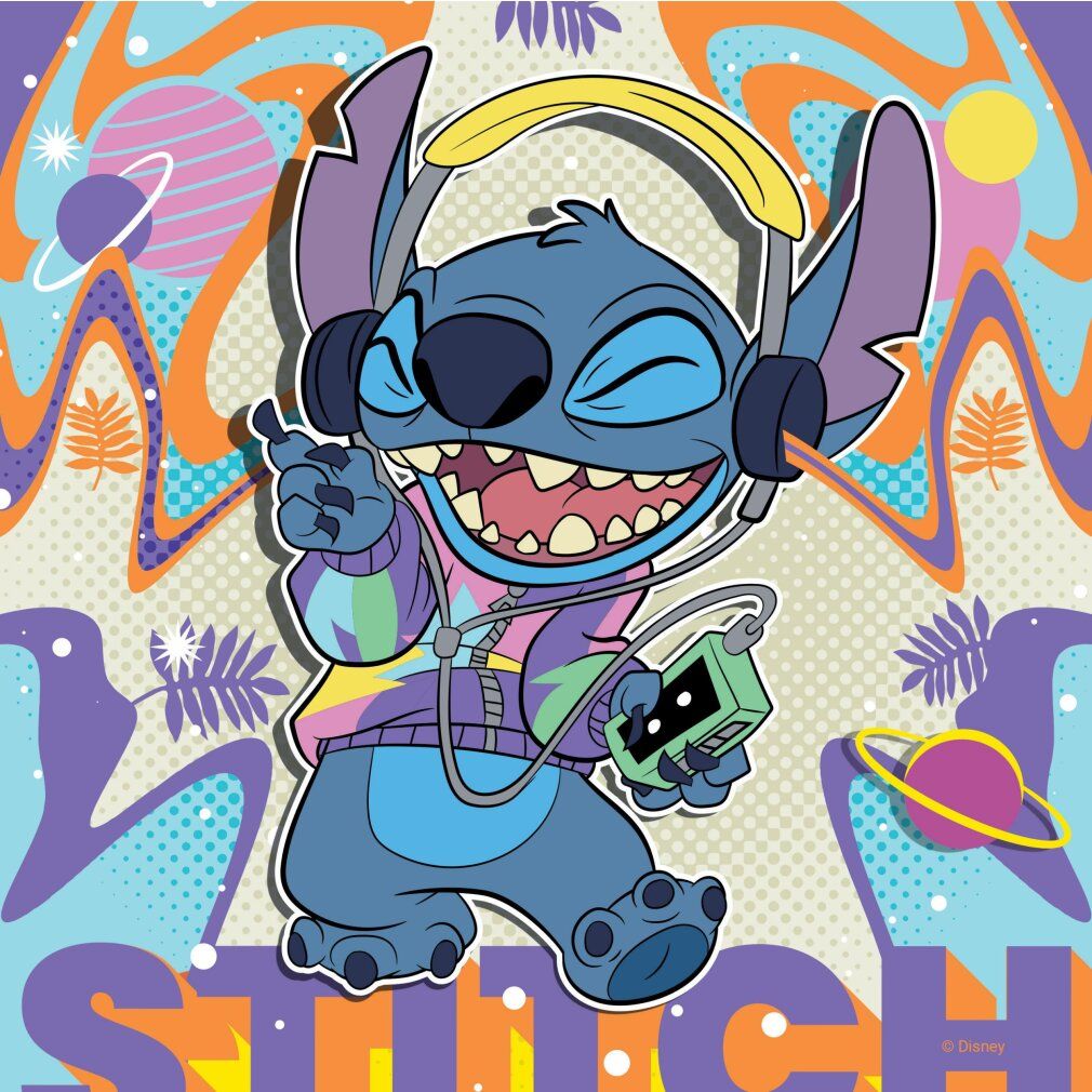 Puzzle di Stitch. Stitch con cuffie e un lettore di cassette, su sfondo colorato.