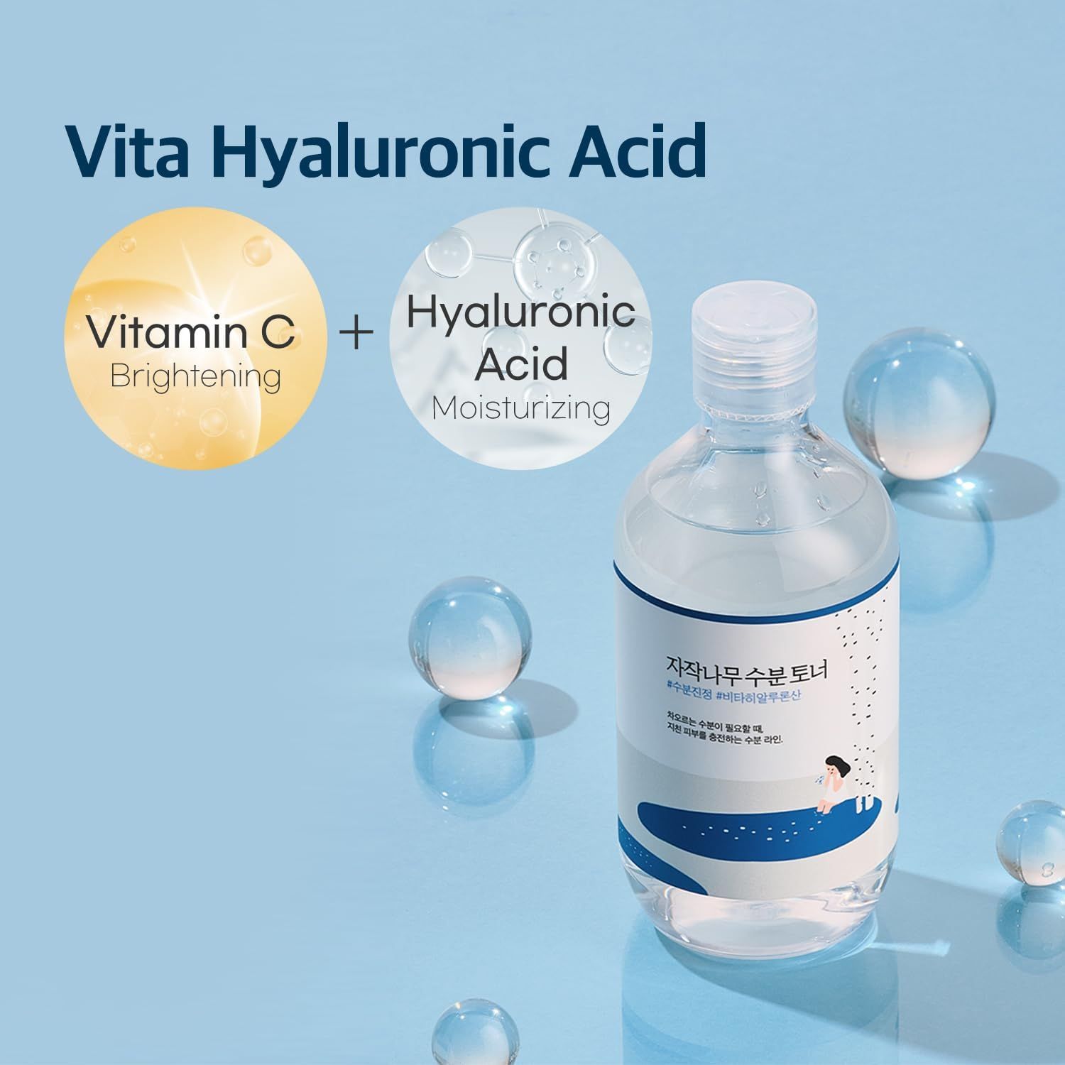 Flacone del prodotto con testo. Cerchi con testo: Vitamina C + Acido Ialuronico. Idratante e illuminante.