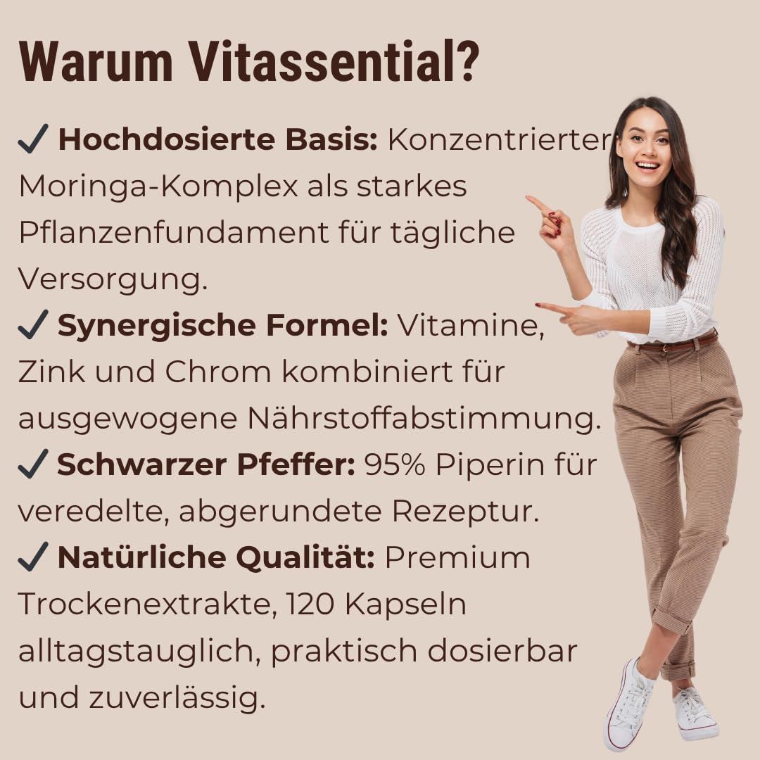 Una donna indica il testo. Vantaggi di Vitassential: ad alto dosaggio, sinergico, con piperina, naturale.