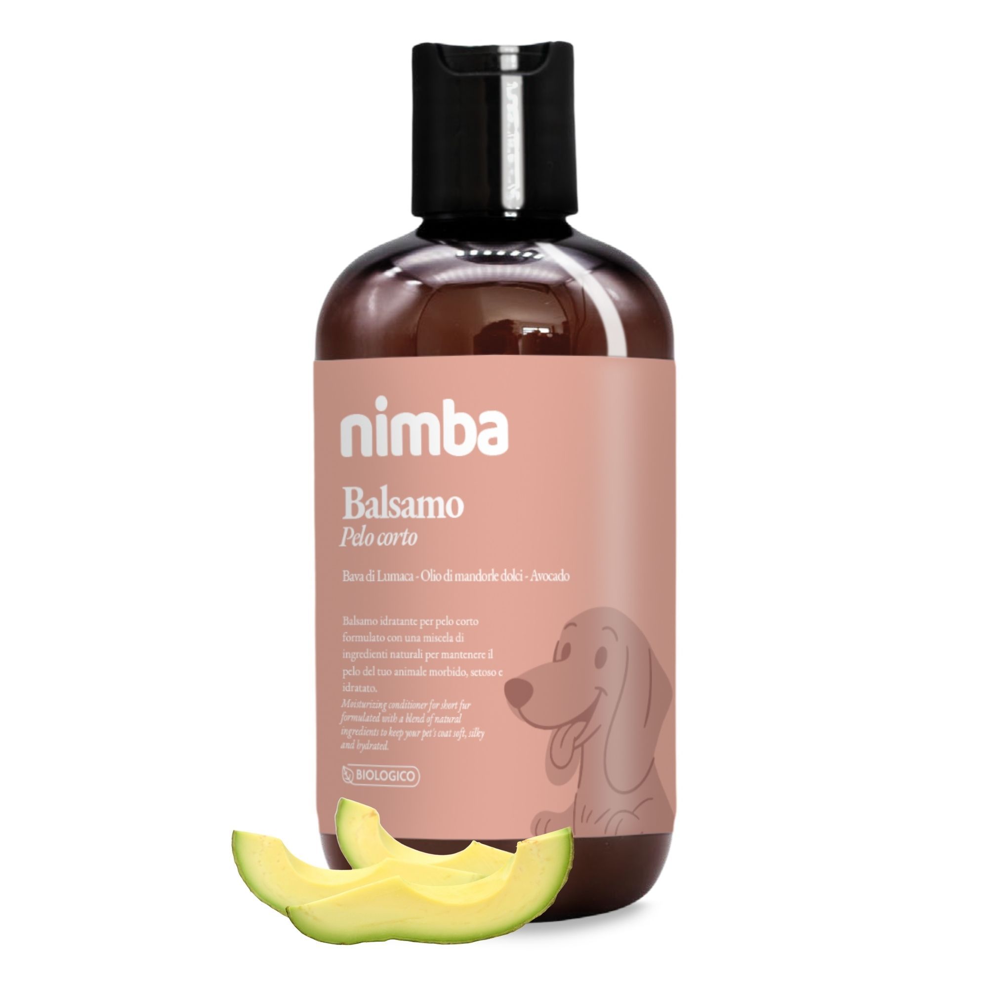 Flacone marrone con tappo nero. Etichetta con nome prodotto e cane. Fette di avocado davanti.