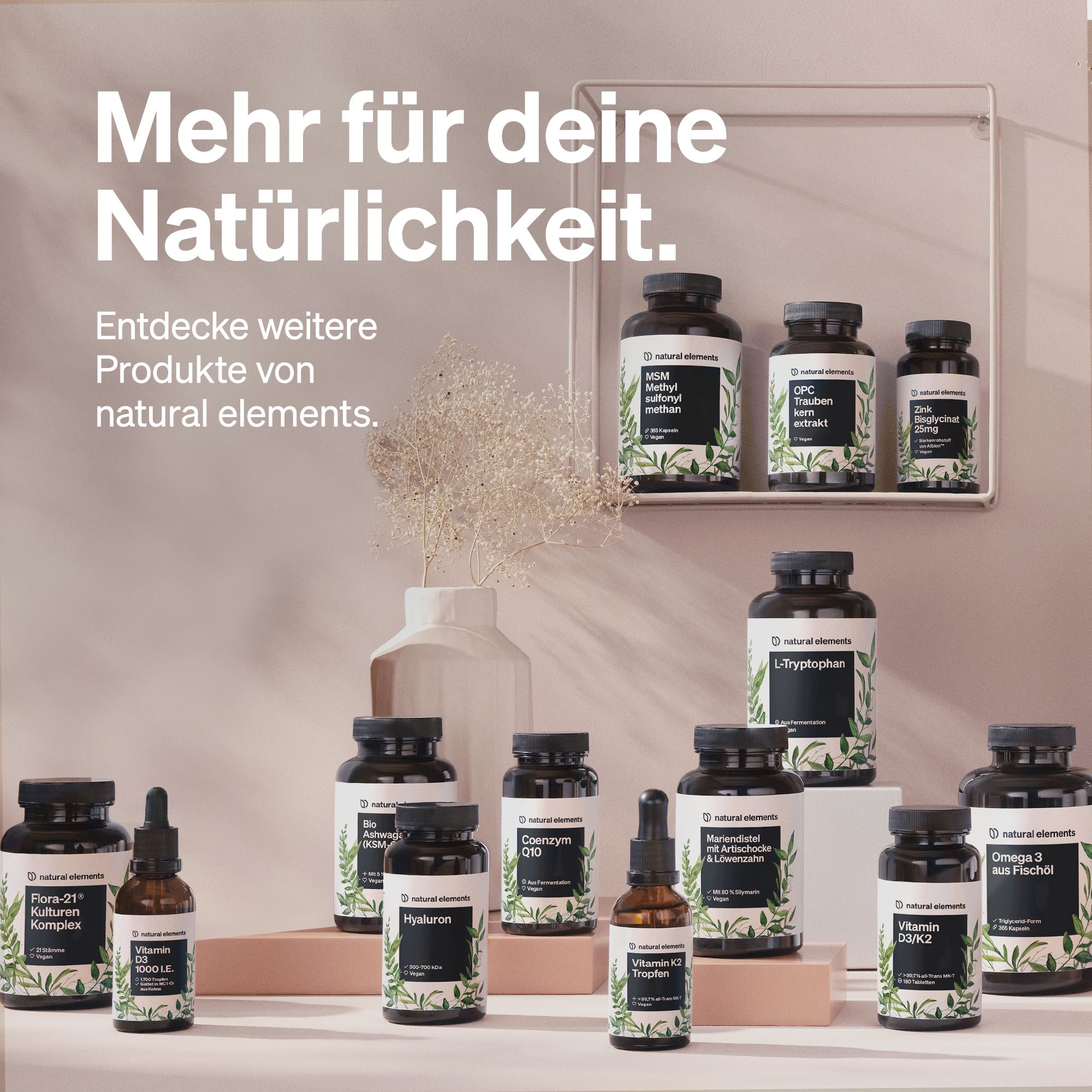 Varie bottiglie e gocce. Testo: Più per la tua naturalezza.