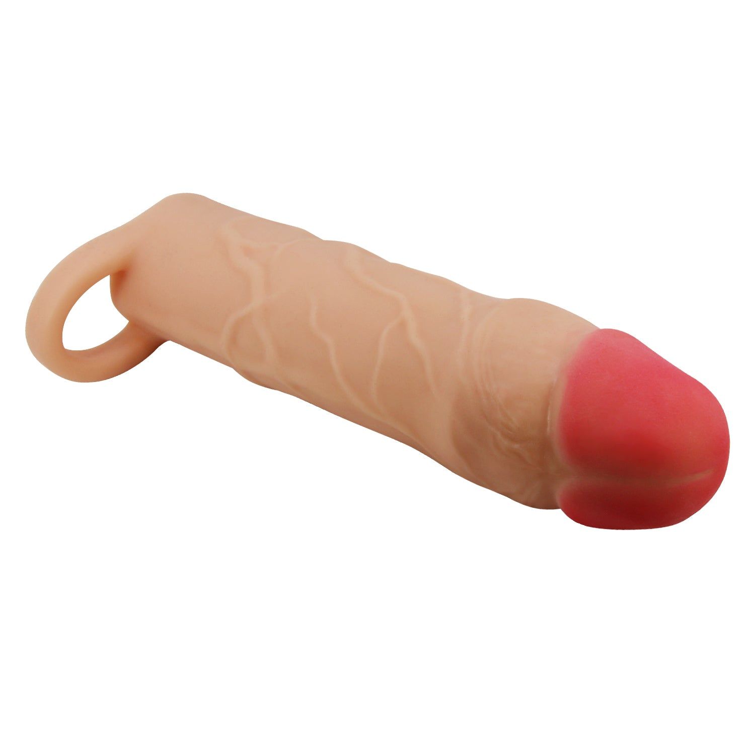 Extender per pene beige con punta rosa. Motivo venoso visibile. Base con anello. Forma ad anello.