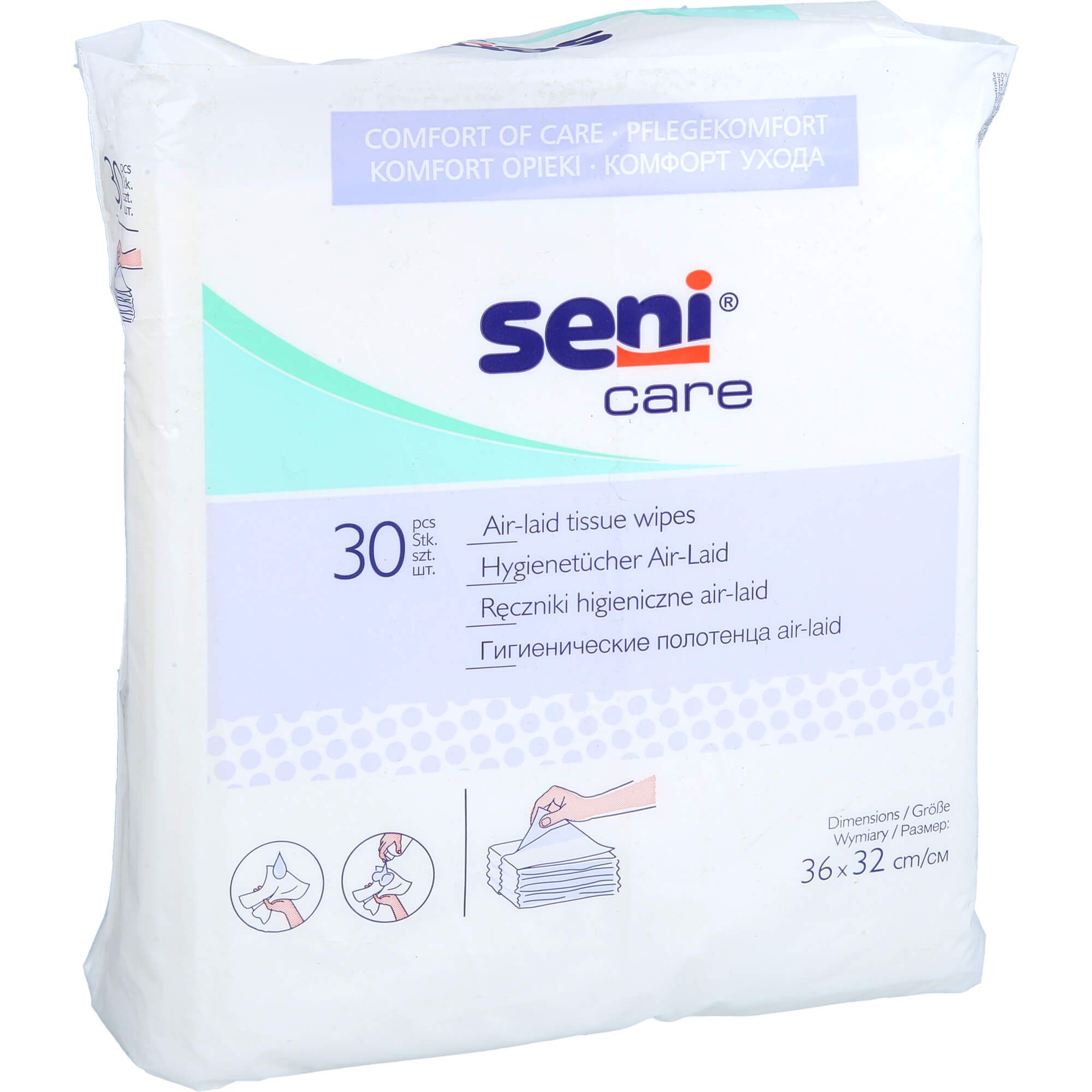 Confezione bianca di salviette Seni Care. Scritta: Seni Care, 30 pezzi, Air-laid tissue wipes. Dimensioni: 36x32 cm.