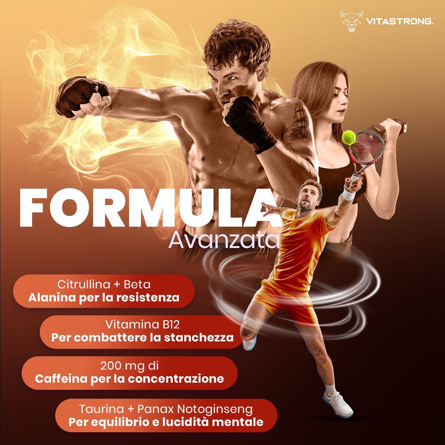 Immagine pubblicitaria con atleti. Testo: Formula avanzata. Ingredienti: Citrullina, Beta Alanina, Vitamina B12, Caffeina, Taurina.
