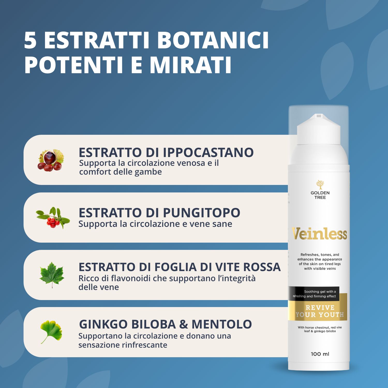 Flacone Golden Tree Veinless con erogatore, 100 ml, con estratti vegetali italiani.