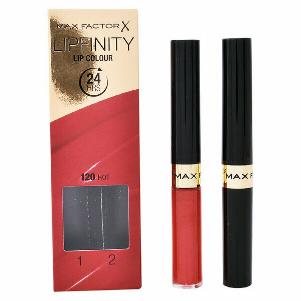 Max Factor Lipfinity Lip Colour 120 Hot. Confezione e due penne. Rossetto rosso e coperchio nero.