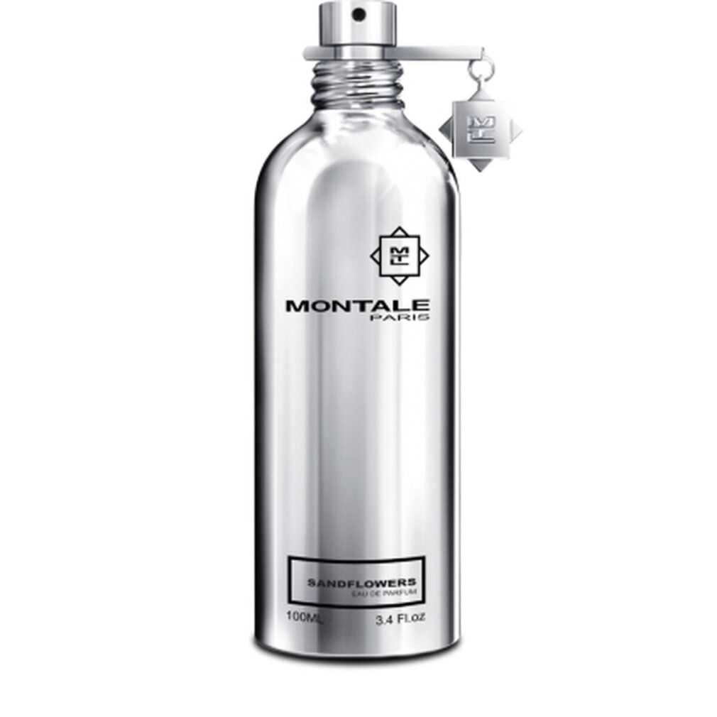 Flacone argento con vaporizzatore e ciondolo. Scritta: Montale Paris, Sandflowers Eau de Parfum. 100ml, 3.4 Fl. Oz.