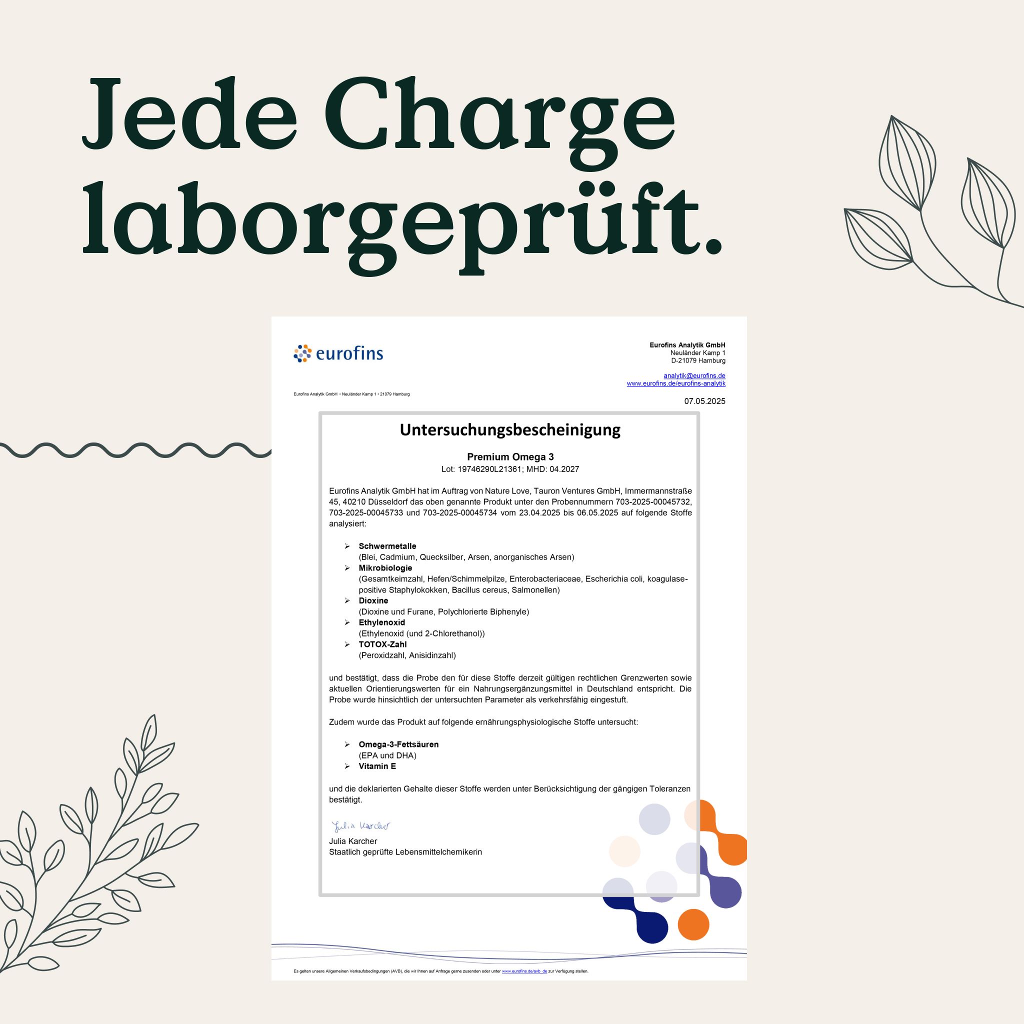Rapporto di laboratorio Eurofins per 'Premium Omega 3'. Testo: Ogni lotto testato in laboratorio.