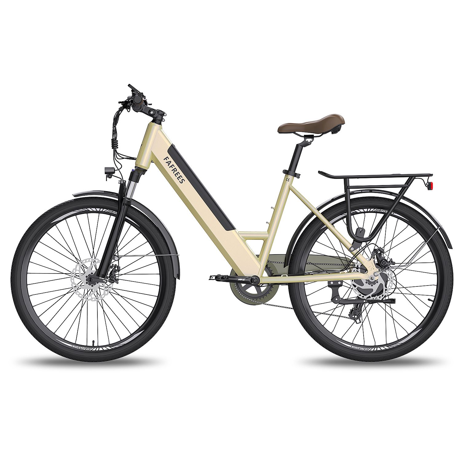Bicicletta elettrica beige con telaio nero, portapacchi e sella marrone. Marchio FAFREES.