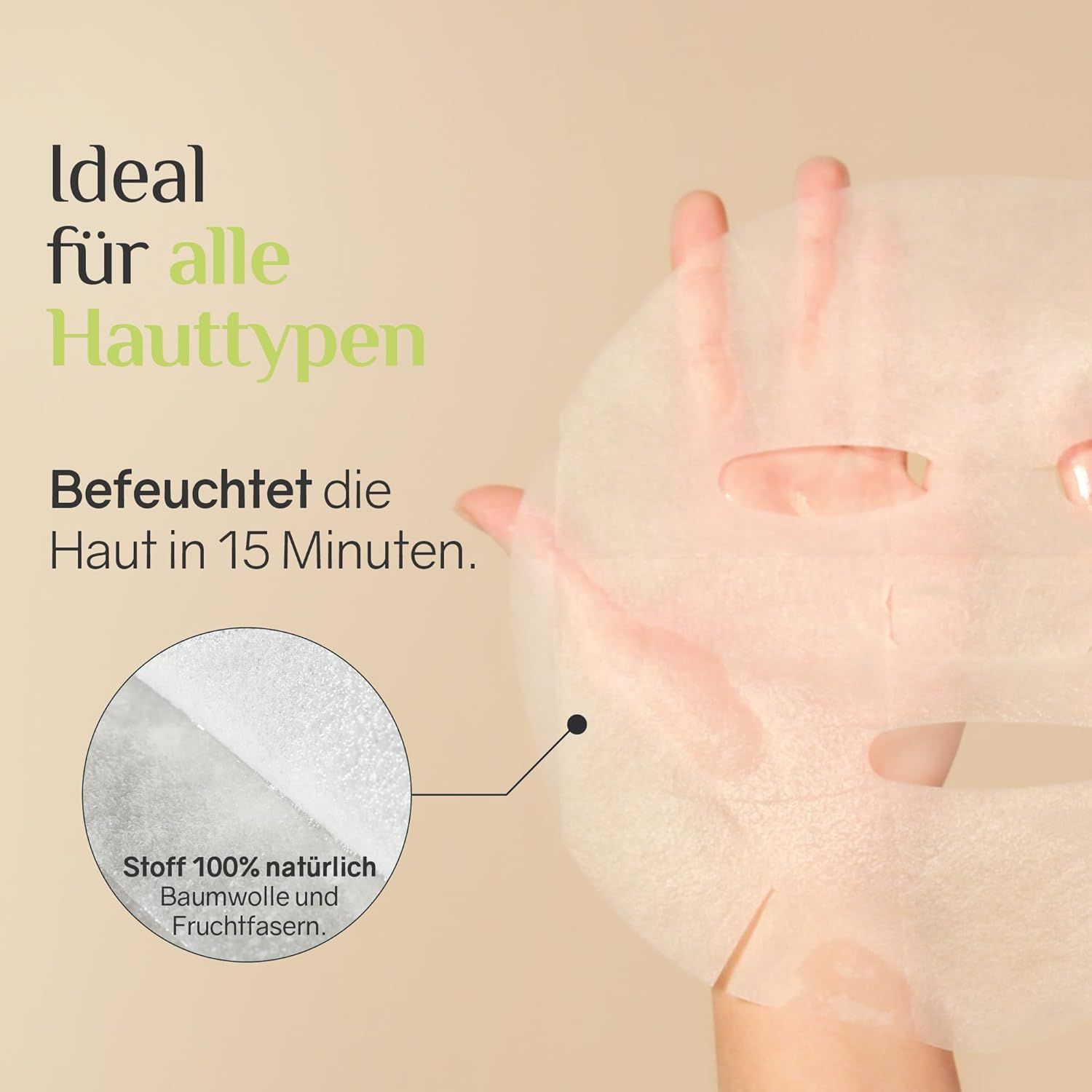 Maschera viso su una mano. Tessuto 100% naturale. Cotone e fibre di frutta. Ideale per tutti i tipi di pelle.