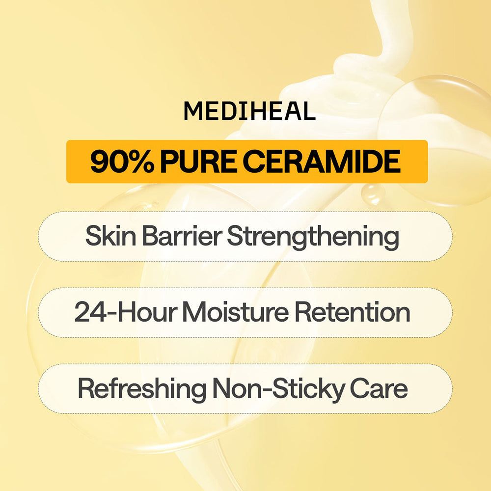 Sfondo giallo con testo. MEDIHEAL e 90% PURE CERAMIDE. Altri testi: Skin Barrier Strengthening, 24-Hour Moisture Retention, Refreshing Non-Sticky Care.