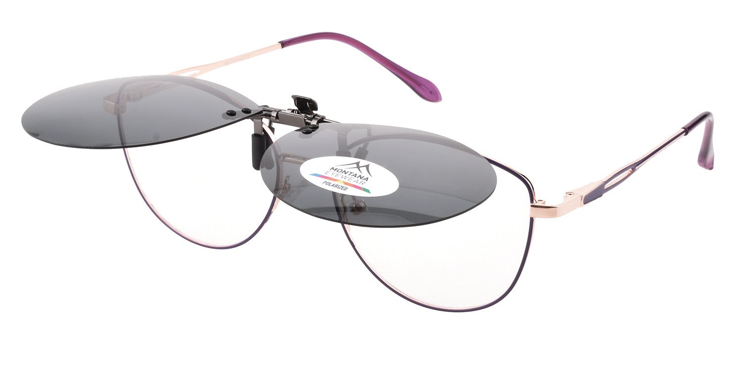 Occhiali da sole a clip Montana Eyewear Sopot con montatura. Montatura dorata, aste viola. Polarizzati. Logo.