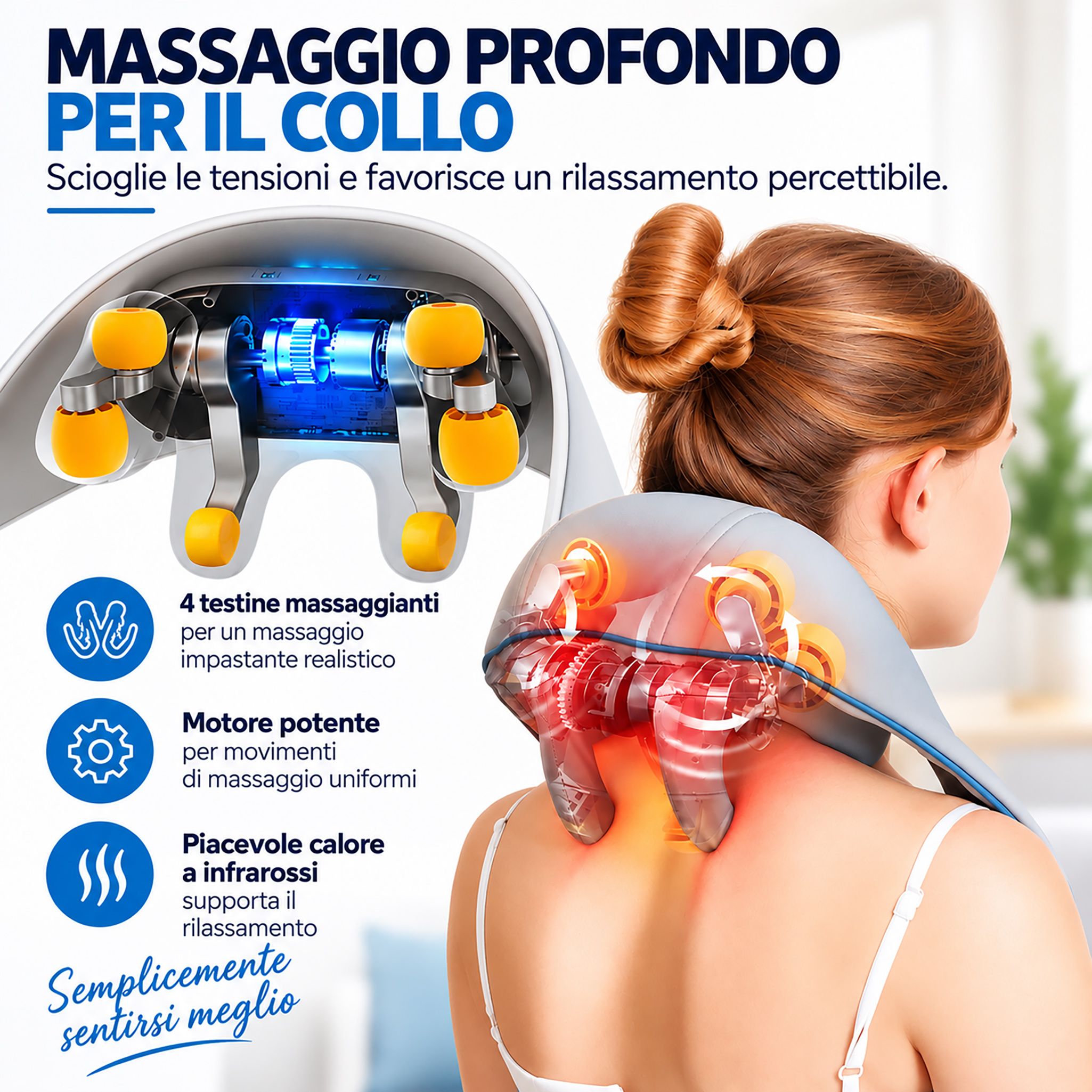 Massaggiatore per il collo grigio con 4 testine di massaggio, vista frontale.