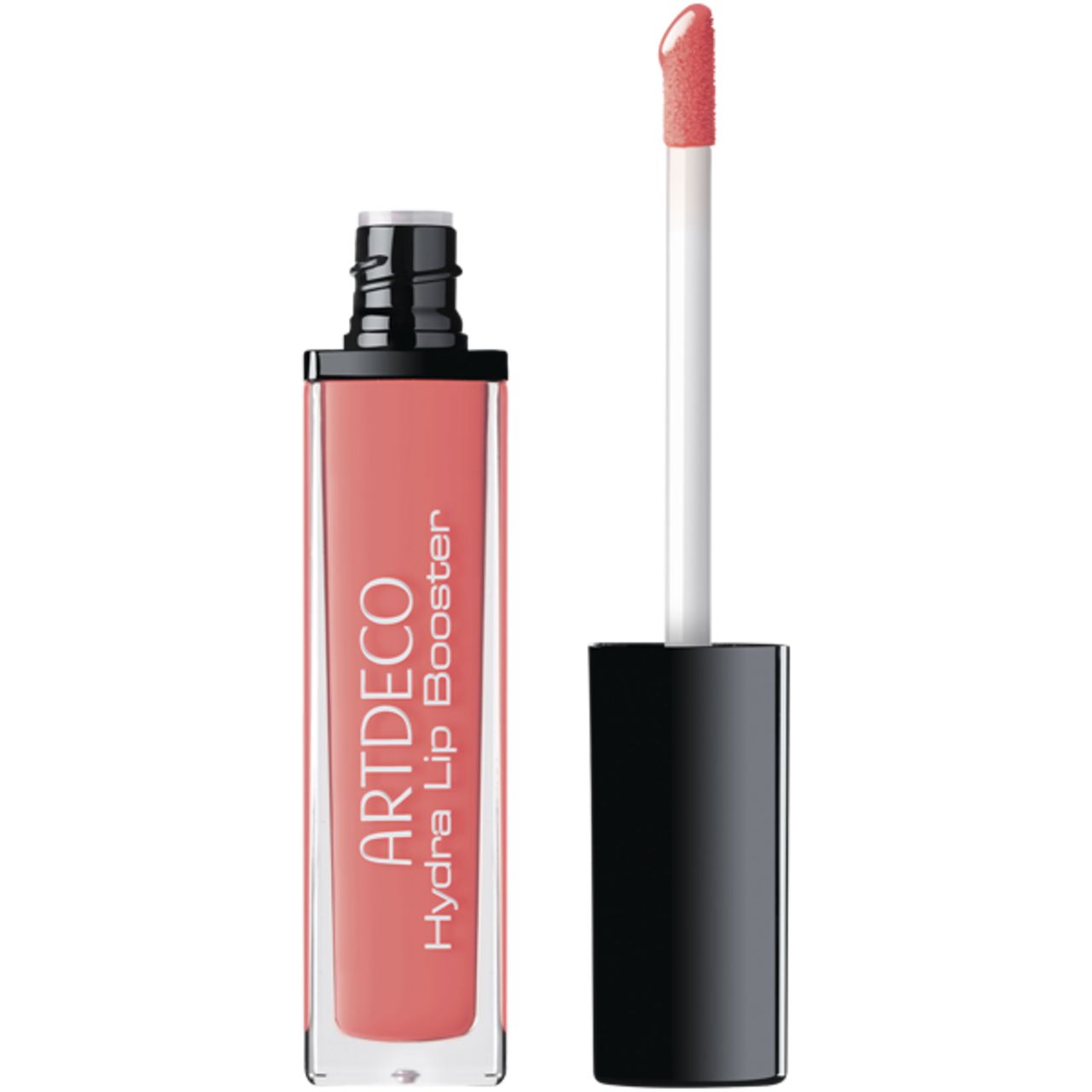 Hydra Lip Booster Artdeco. Flacone trasparente rettangolare, contenuto rosa. Tappo nero e applicatore. Applicatore estratto.