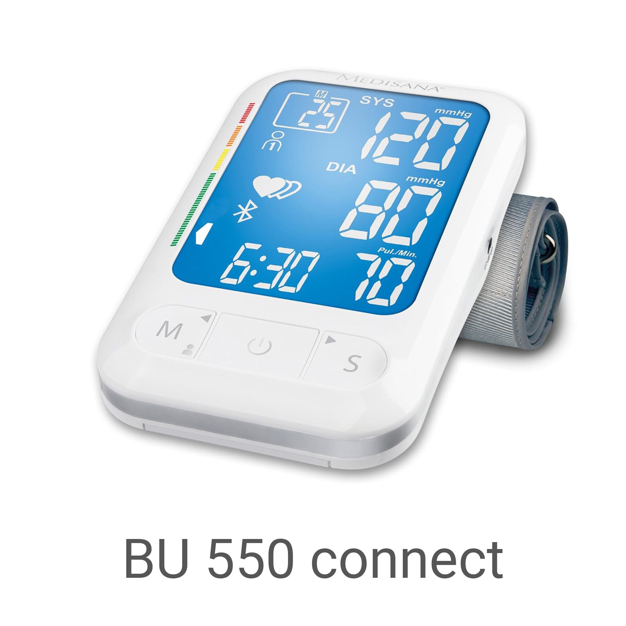 Misuratore pressione Medisana BU 550 connect con bracciale e display blu.