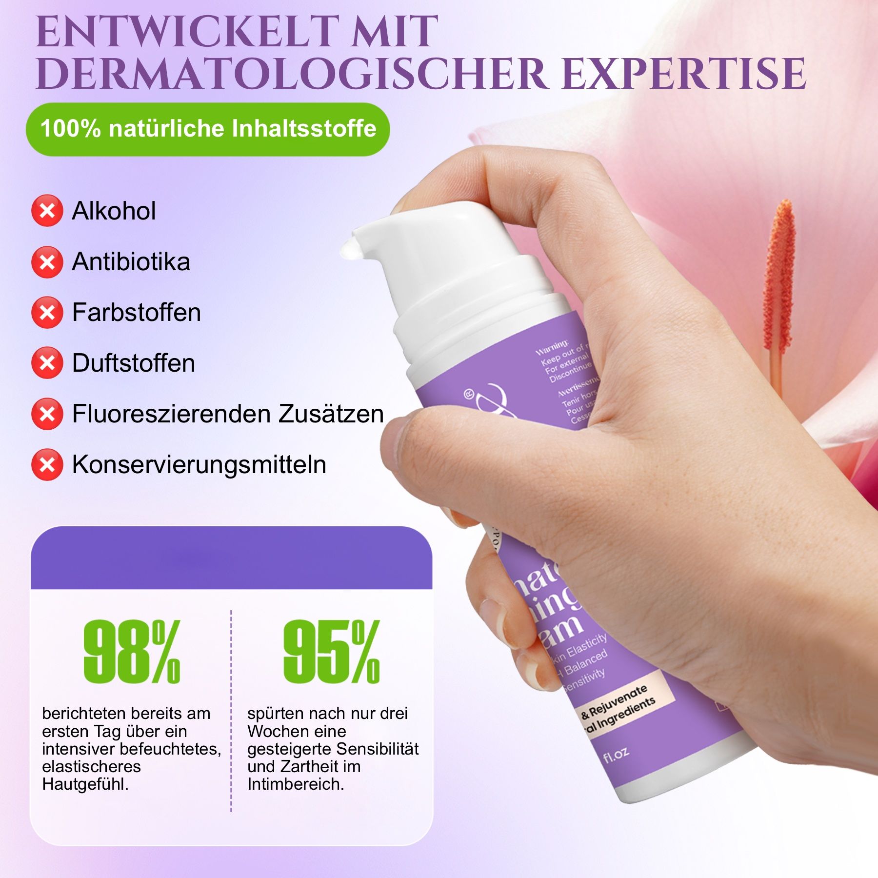 Flacone di crema intima, viola e bianco, con nome e logo del prodotto. Mano che tiene il flacone. Icone e percentuali. Scritta: Intimate Firming Cream. 50ml/1.69 fl.oz.