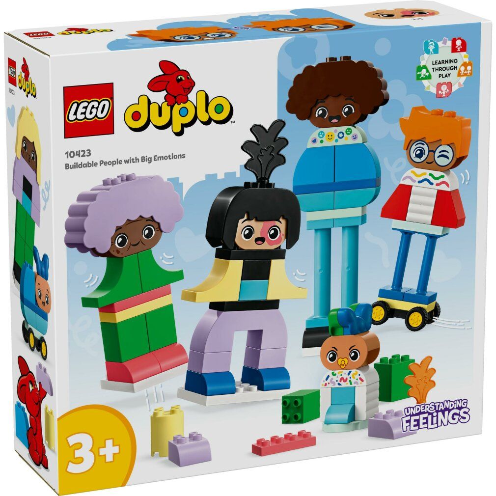 Set LEGO DUPLO con personaggi. Personaggi di vari colori e forme. Confezione con nome del prodotto e età consigliata.