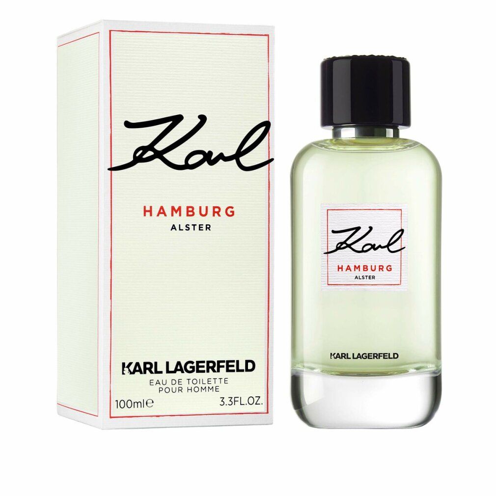 Flacone e confezione. Scritta Karl Hamburg Alster. Sotto Karl Lagerfeld. Eau de Toilette.