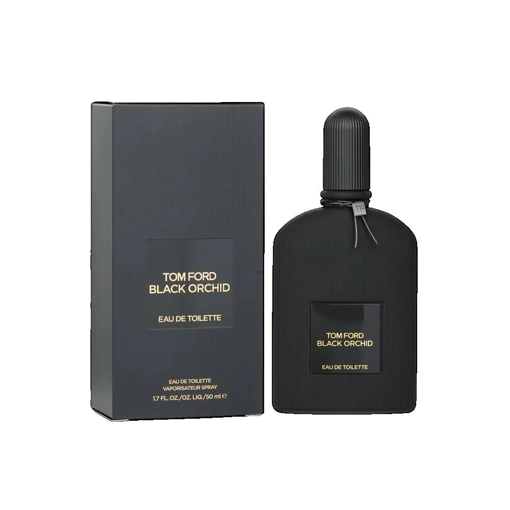 Flacone e confezione neri. Scritta: TOM FORD BLACK ORCHID EAU DE TOILETTE. Flacone con superficie scanalata.