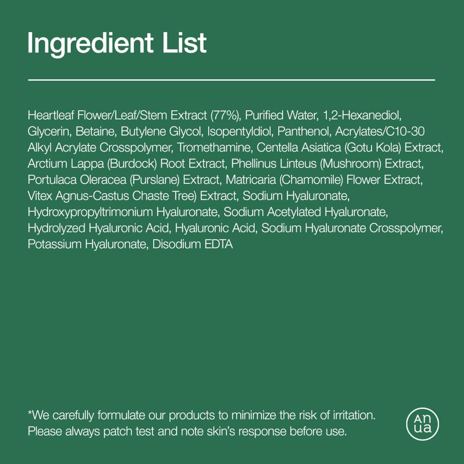 Elenco degli ingredienti. Testo: Heartleaf Flower/Leaf/Stem Extract (77%), Purified Water, etc. Loghi.