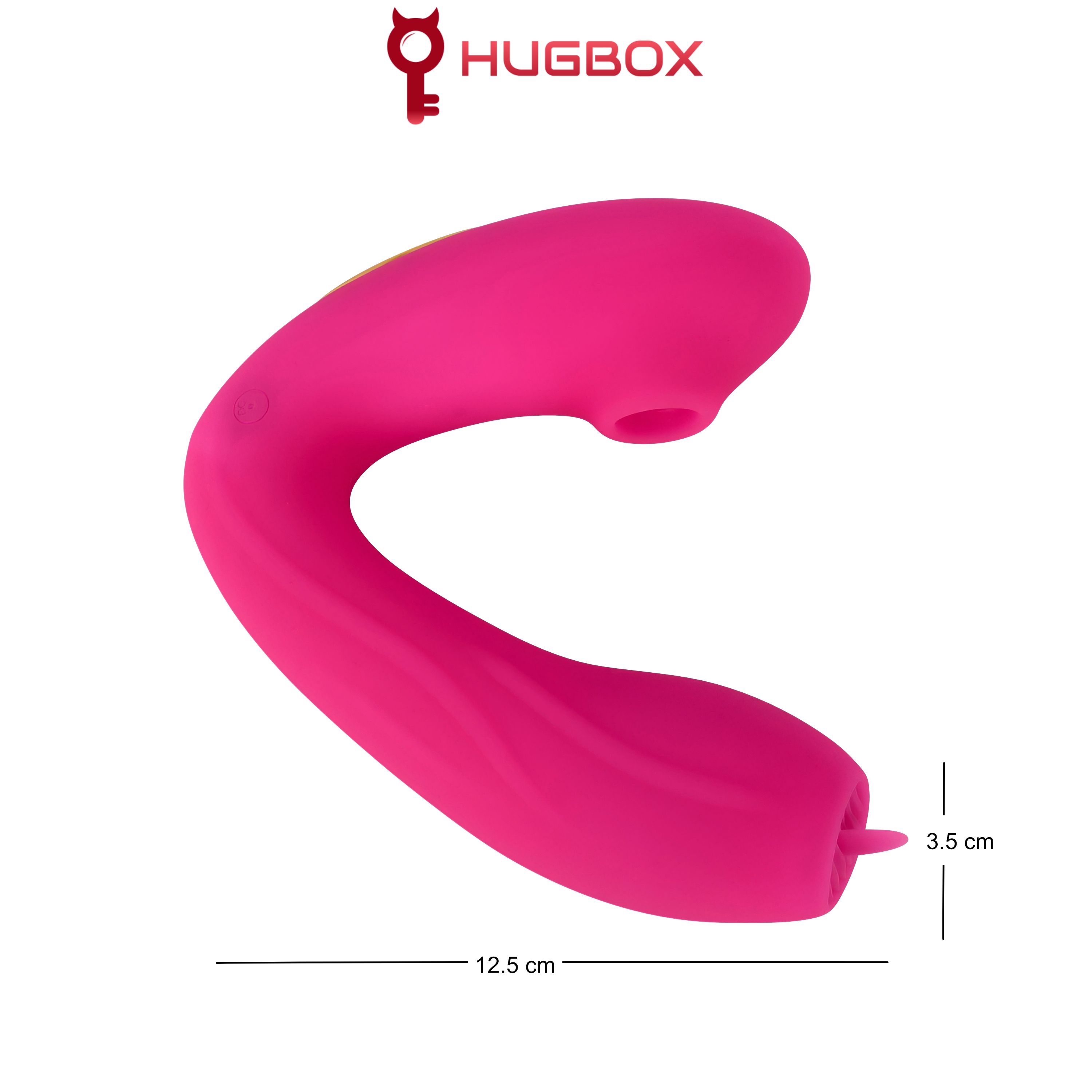 Prodotto benessere rosa, curvo, con due aperture. Dimensioni: 12,5 cm x 3,5 cm. Logo HUGBOX.