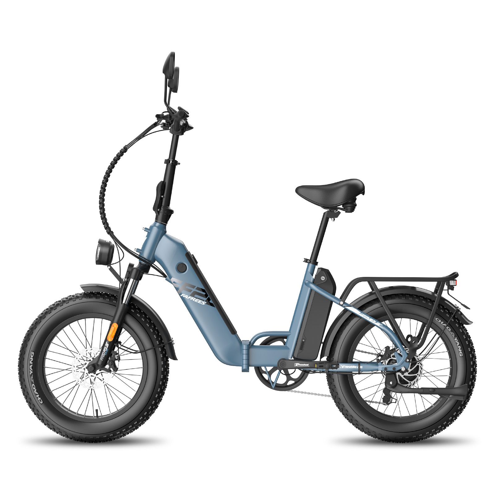 E-bike blu Fafrees FF20 Polar con doppia batteria. Pneumatici, sella e portapacchi neri. Faro anteriore.
