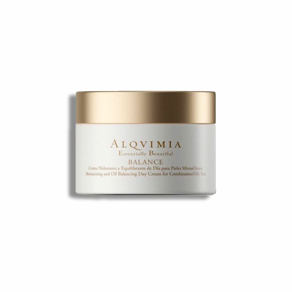Vasetto di crema con coperchio dorato. Scritta: ALQVIMIA, BALANCE, crema idratante per pelli miste/grasse.