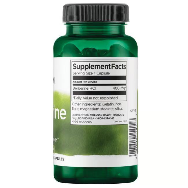 Flacone verde con tappo nero. Etichetta con "Berberine" e "400 mg". Contiene capsule. Logo "Swanson Health".