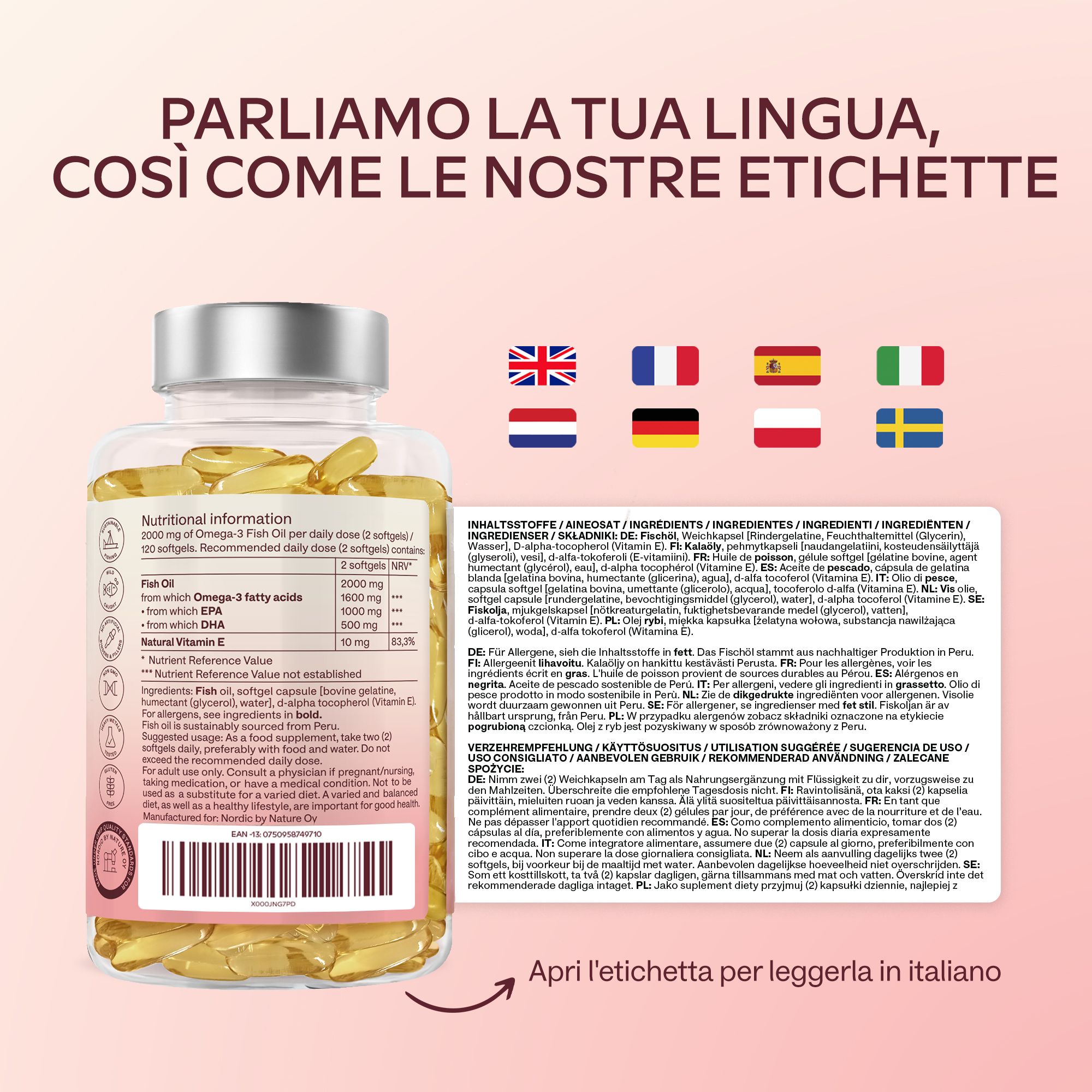 Retro di un flacone di Omega-3 con testo in diverse lingue. Bandiere.