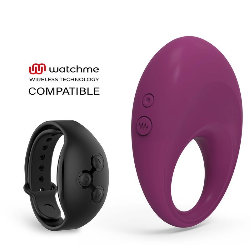 Anello fallico viola con due pulsanti. Telecomando nero con tre pulsanti. Testo: Wireless Technology Compatible. Logo: watchme.
