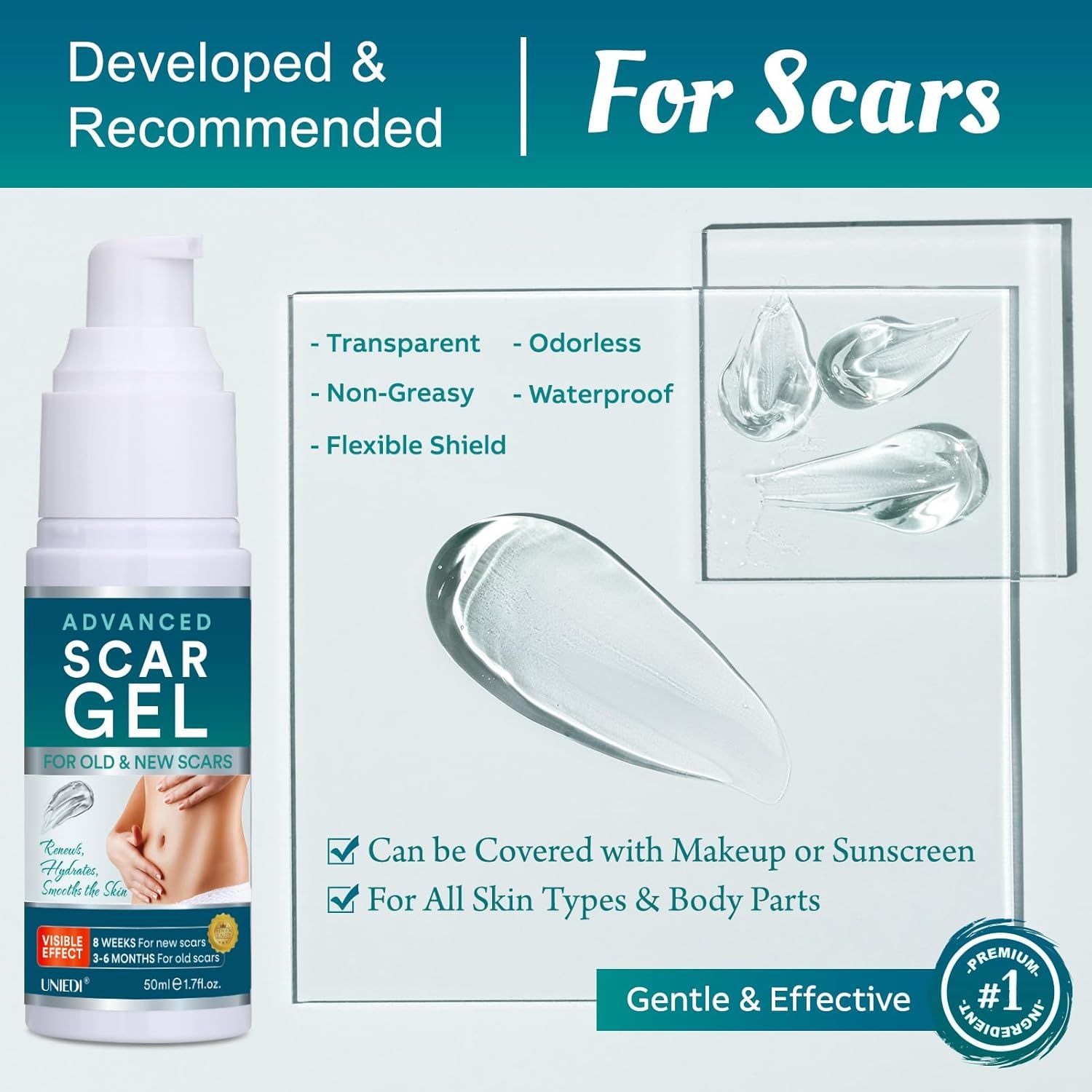 Flacone del prodotto con gocce di gel. UNIEDI Advanced Scar Gel. Trasparente, inodore, non grasso, impermeabile, protezione flessibile. Tutti i tipi di pelle.