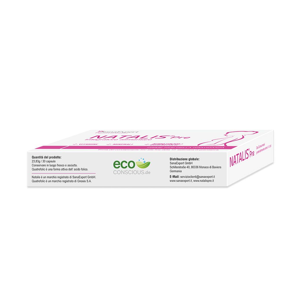 Confezione SanaExpert Natalis Pre. Scatola rosa e bianca con nome e logo del prodotto. Contiene 30 capsule. Con logo Eco-conscious.de.