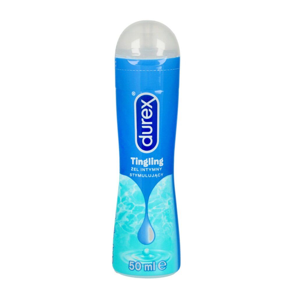 Flacone blu trasparente con tappo bianco. Scritta "durex" e "Tingling". Design a goccia d'acqua. In basso: "50 ml".