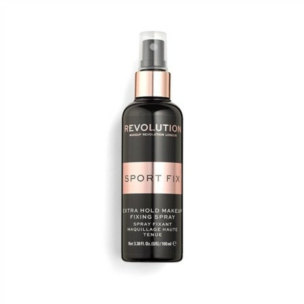 Flacone spray nero con dettagli oro rosa. Scritta: REVOLUTION, SPORT FIX, EXTRA HOLD MAKEUP FIXING SPRAY.