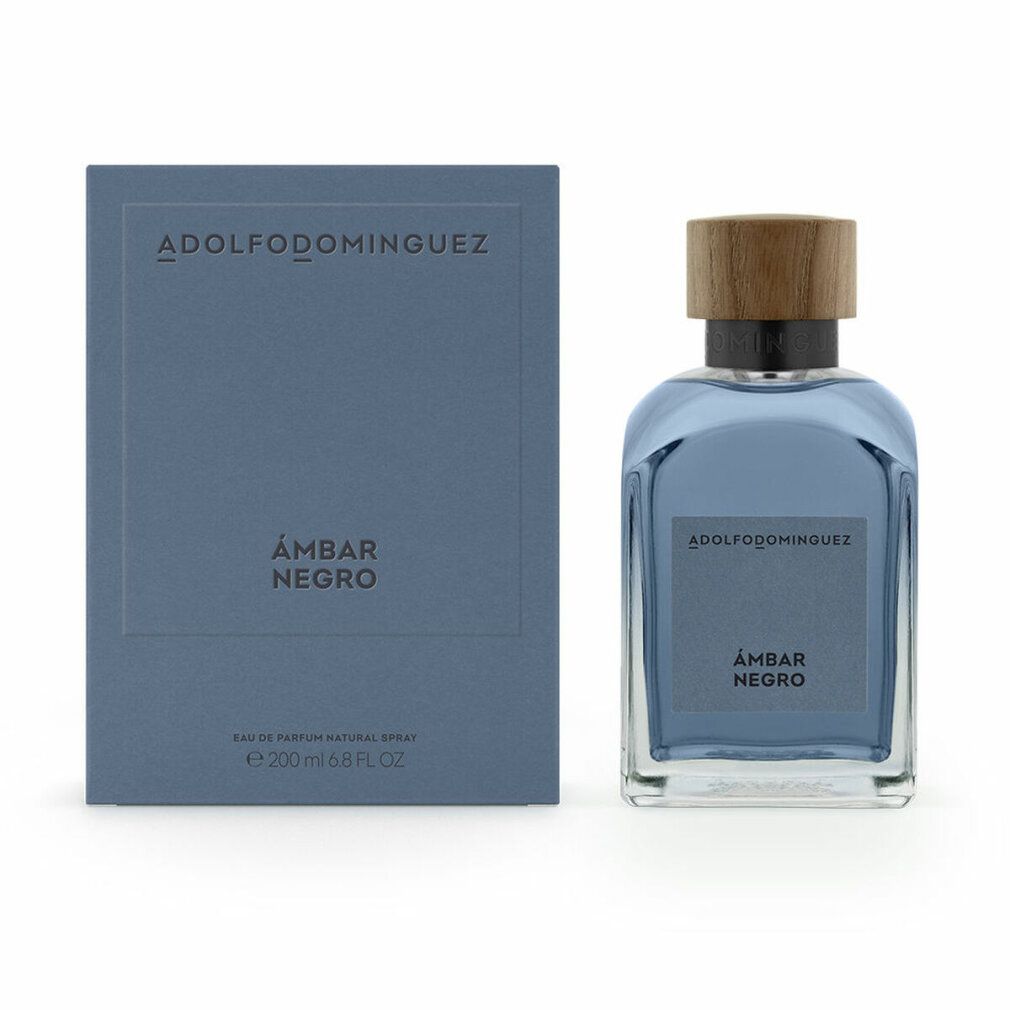 Flacone e scatola. Scritta: ADOLFODOMINGUEZ, ÁMBAR NEGRO. Colore blu. Tappo in legno. 200 ml.