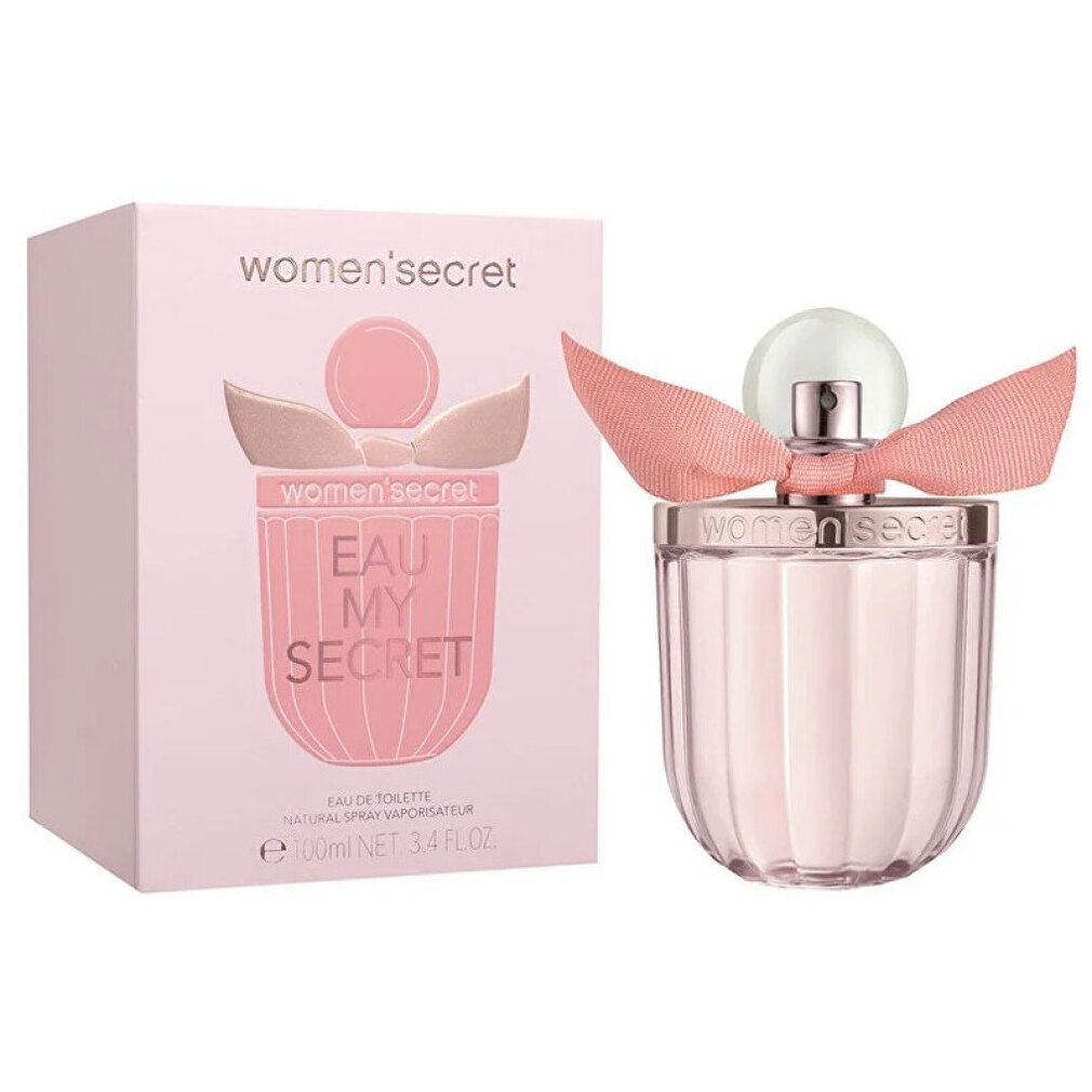 Flacone e confezione. Flacone con fiocco rosa. Confezione con logo e scritta "EAU MY SECRET".