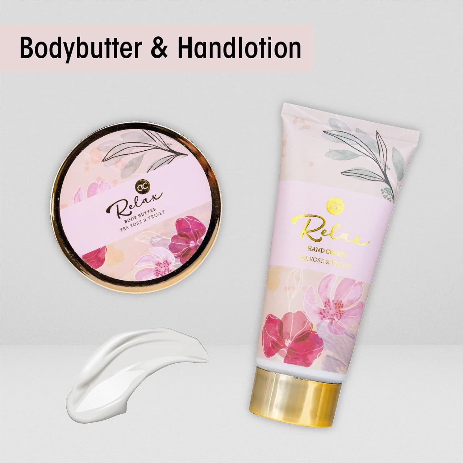 Burro corpo e lozione per le mani. Barattolo rotondo e tubetto con design floreale. Accenti dorati. Macchia di crema.