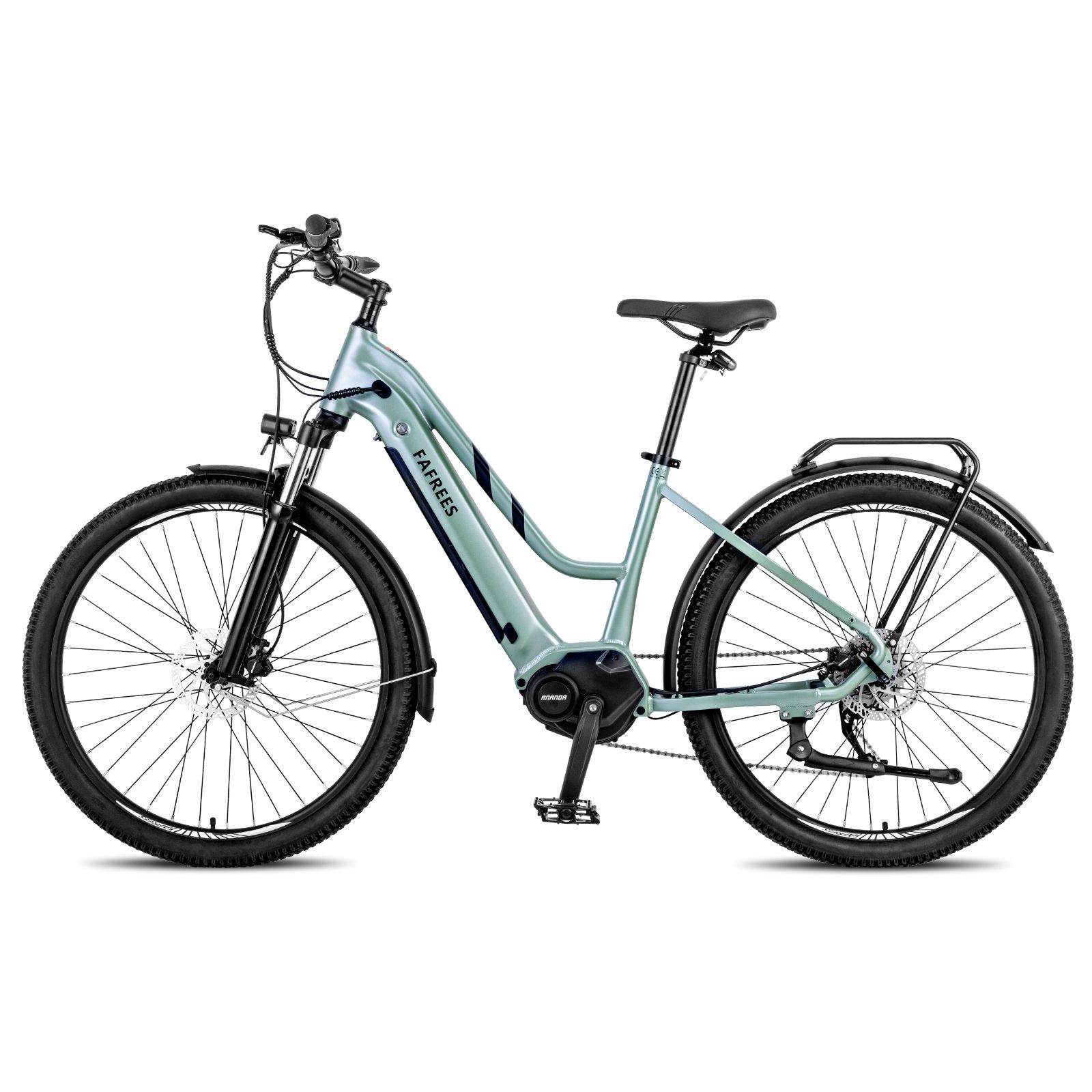 E-bike verde chiaro con motore centrale. Pneumatici neri, parafanghi e portapacchi. Marchio FAFREES.