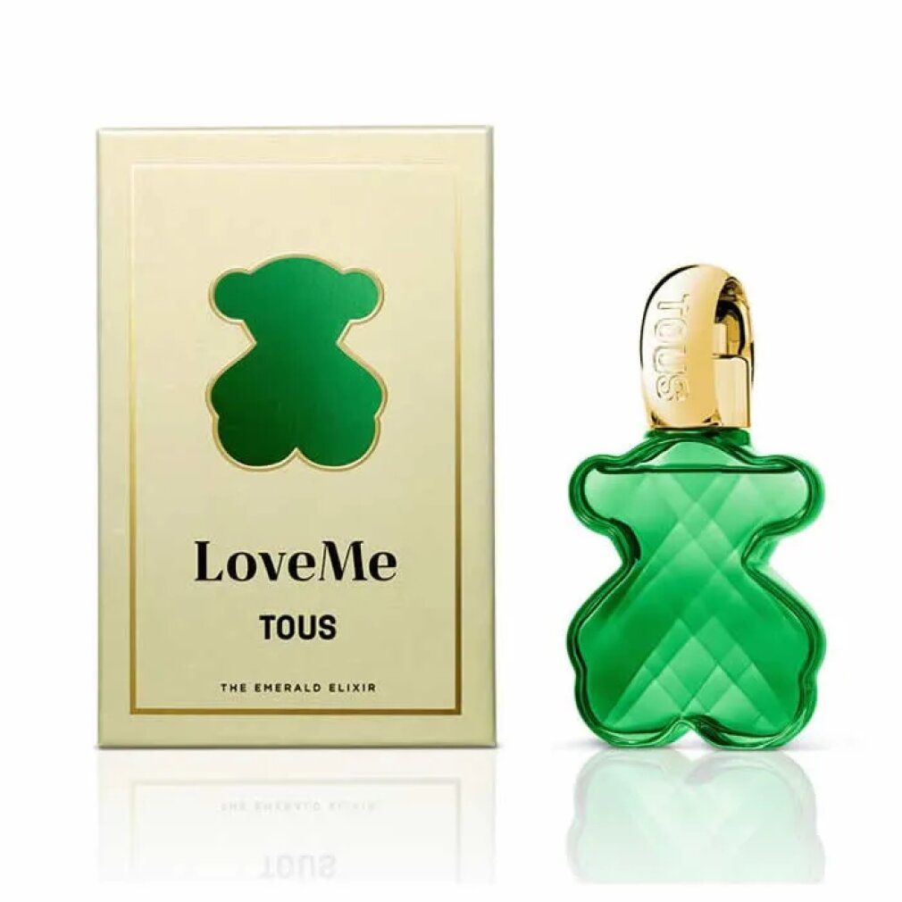 Flacone verde a forma di orso accanto a una confezione rettangolare. Sulla confezione è scritto "LoveMe TOUS THE EMERALD ELIXIR".