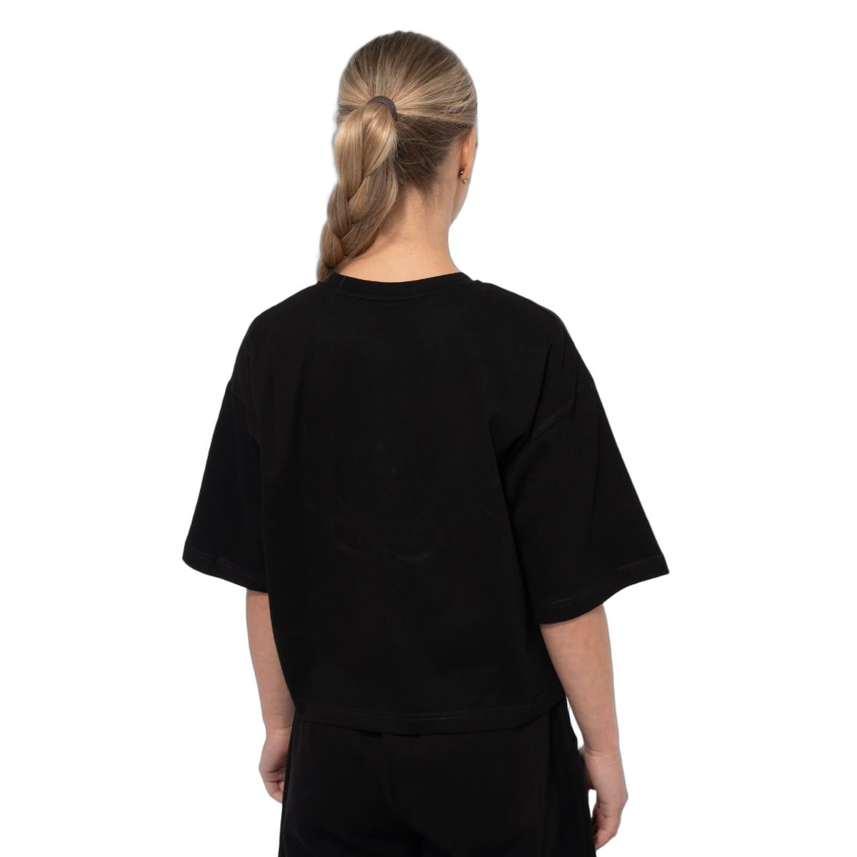 GymBeam T-shirt donna Thorn oversize boxy nera a manica corta con logo tribale